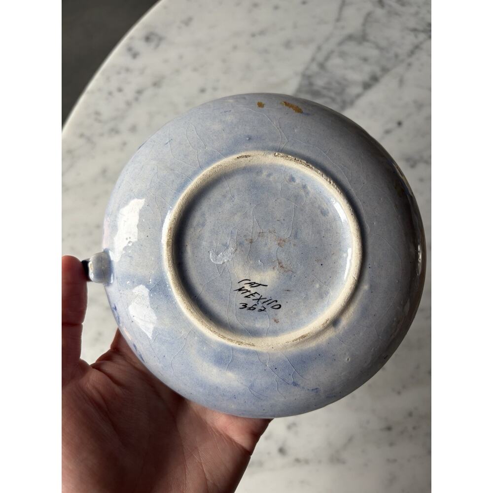 Handmade Ceramic Tonala Blue Brown White Glossy Floral Candle Holder Mexico 362 - Picture 5 of 6